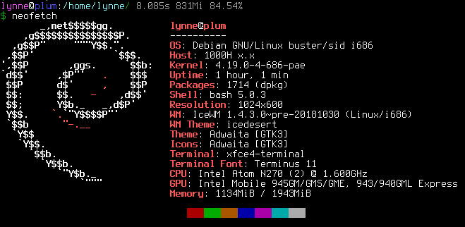 neofetch taken from an EeePC 100H running debian testing