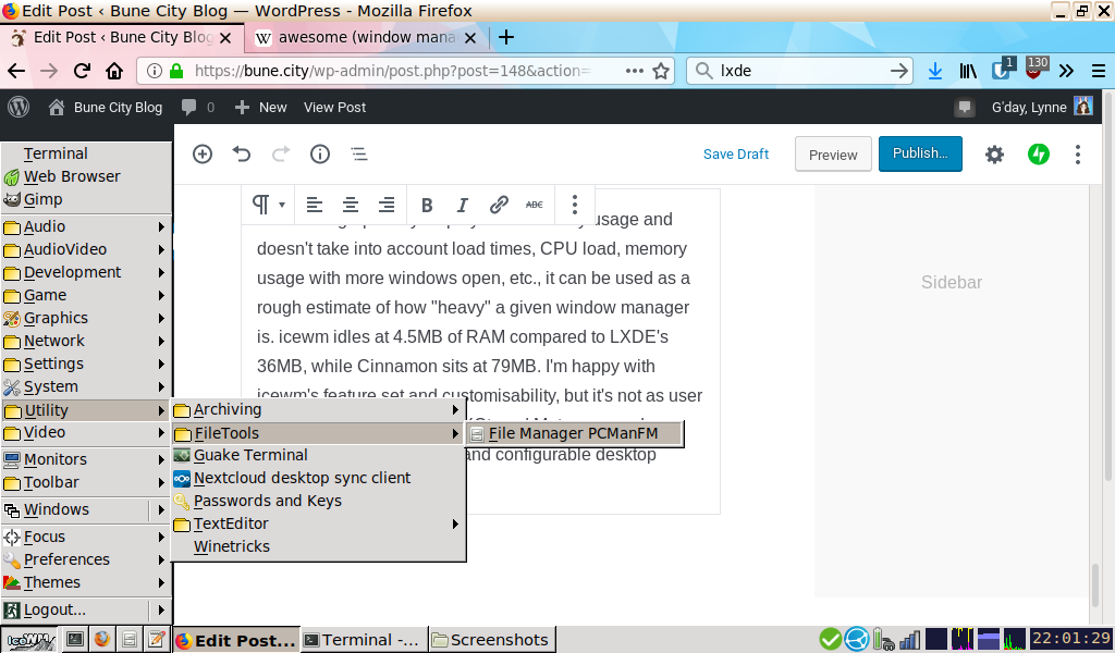 icewm with the menu open, with Firefox in the background, writing this post.