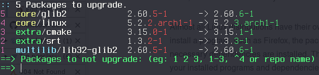 Arch Linux listing the packages that need updating.