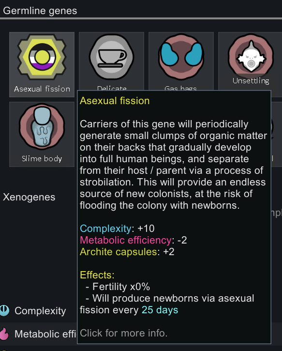 rimworld gene dialogue. this pawn has a gene named "asexual fission". the icon for the gene is a hexagon containing a circle coloured with the colours of the asexual flag.
gene description:
Carriers of this gene will periodically generate small clumps of organic matter
on their backs that gradually develop into full human beings, and separate from their host / parent via a process of strobilation. This will provide an endless source of new colonists, at the risk of flooding the colony with newborns.
Complexity: +10
Metabolic efficiency: -2
Archite capsules: +2
Effects:
- Fertility x0%
- Will produce newborns via asexual fission every 25 days