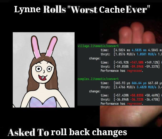 a meme.
template: "worst joint ever" with hand holding badly rolled joint
edited caption: lynne rolls "worst cache ever", asked to roll back changes
image: a deranged-looking drawing of my rabbit character fursona thing